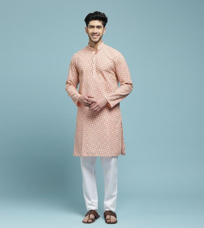 house of chikankari pink cotton cotton schiffli solid men's long kurta