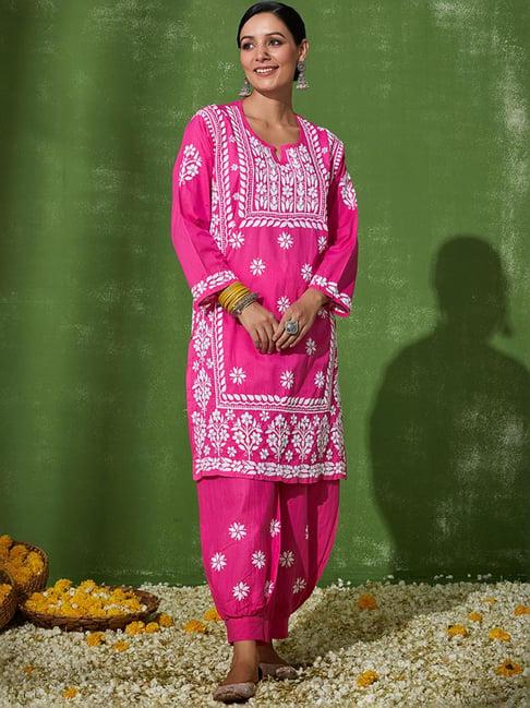 house of chikankari pink cotton embroidered kurta salwar set