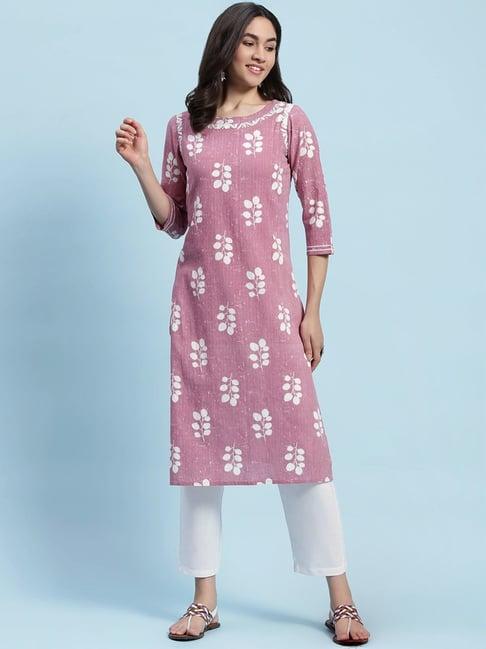 house of chikankari pink cotton embroidered straight kurta