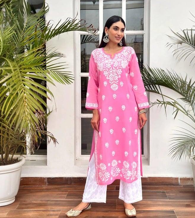 house of chikankari pink cotton embroidered straight kurta