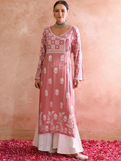 house of chikankari pink embroidered angrakha kurta