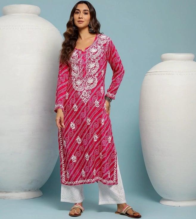 house of chikankari pink embroidered straight kura