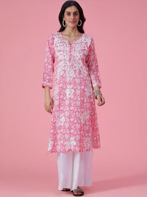 house of chikankari pink embroidered straight kurta