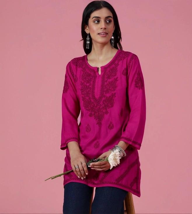 house of chikankari pink embroidered straight short kurti