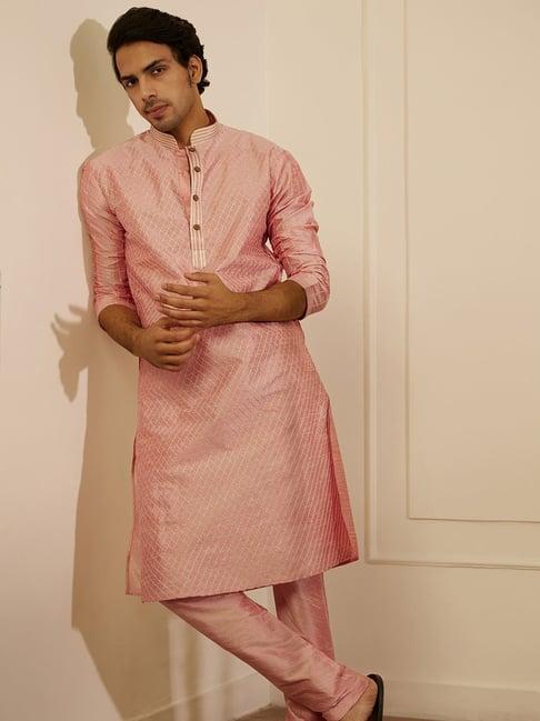 house of chikankari pink silk rashid silk straight men's kurta set