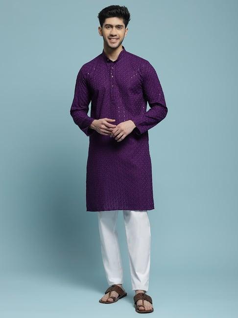 house of chikankari purple cotton cotton schiffli with sequins solid men's long kurta