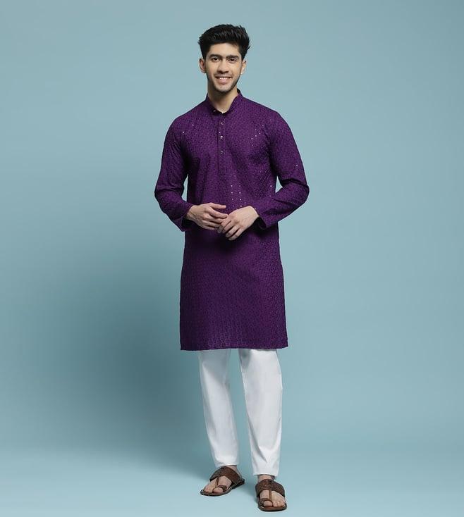 house of chikankari purple cotton cotton schiffli with sequins solid men's long kurta