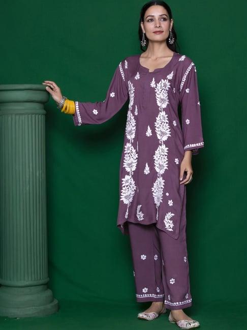 house of chikankari purple embroidered kurta pant set