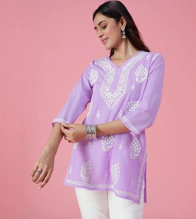 house of chikankari purple embroidered straight short kurti