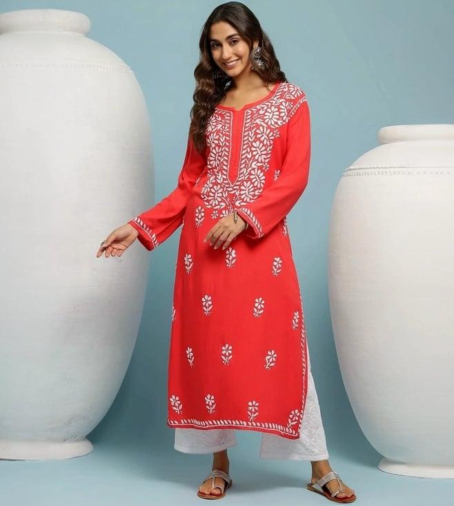 house of chikankari red embroidered straight kura