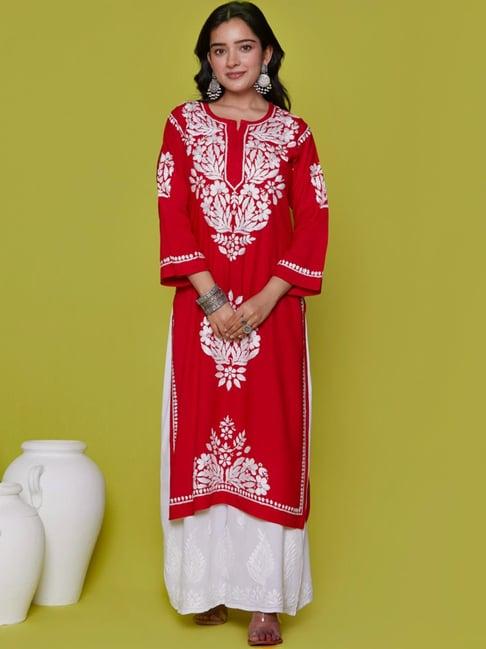 house of chikankari red embroidered straight kurta