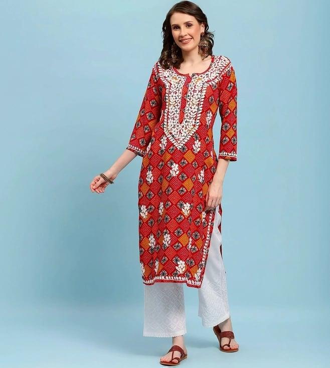 house of chikankari red printed kurta