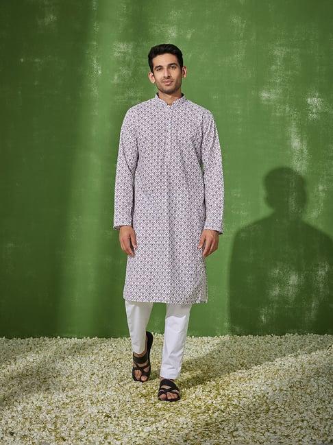 house of chikankari white & brown cotton nasir cotton straight men's kurta