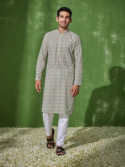 house of chikankari white & green cotton zaman cotton straight men's kurta