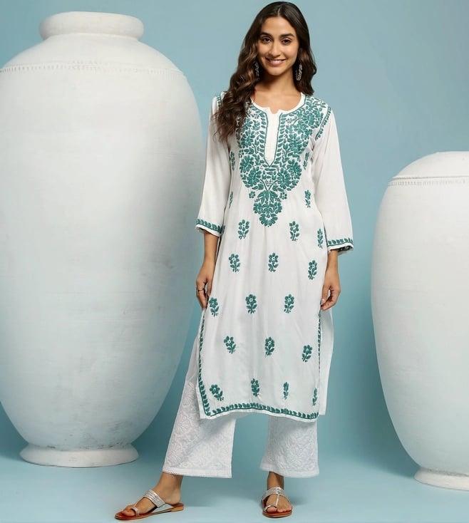 house of chikankari white & green embroidered straight kura