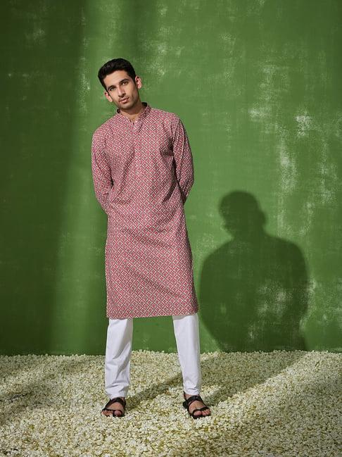 house of chikankari white & pink cotton aftab cotton straight men's kurta