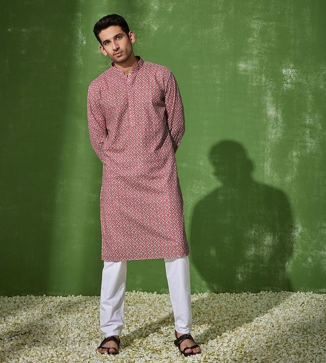 house of chikankari white & pink cotton aftab cotton straight men's kurta