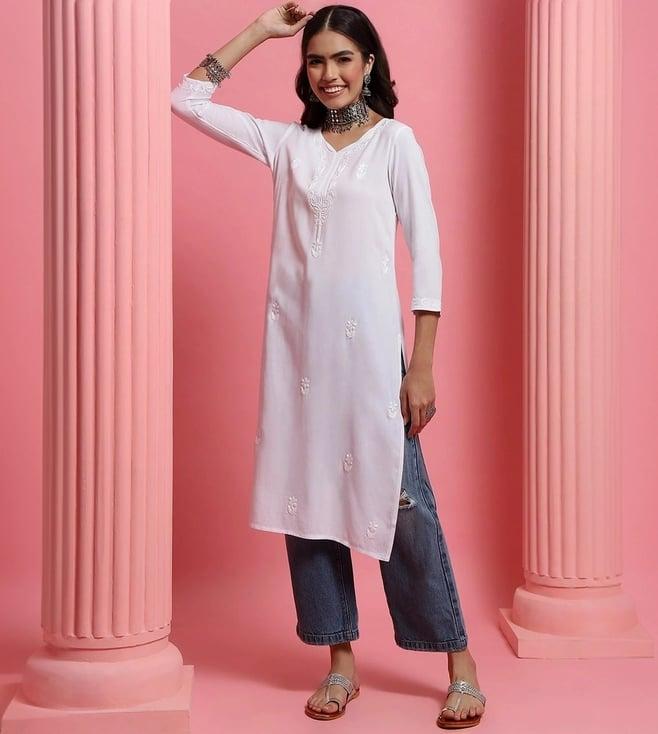 house of chikankari white embroidered straight kurta