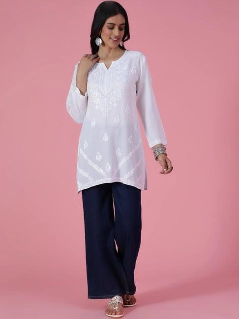 house of chikankari white embroidered straight short kurti