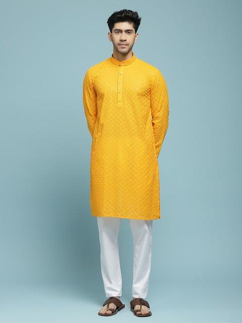 house of chikankari yellow cotton cotton schiffli with sequins solid men's long kurta