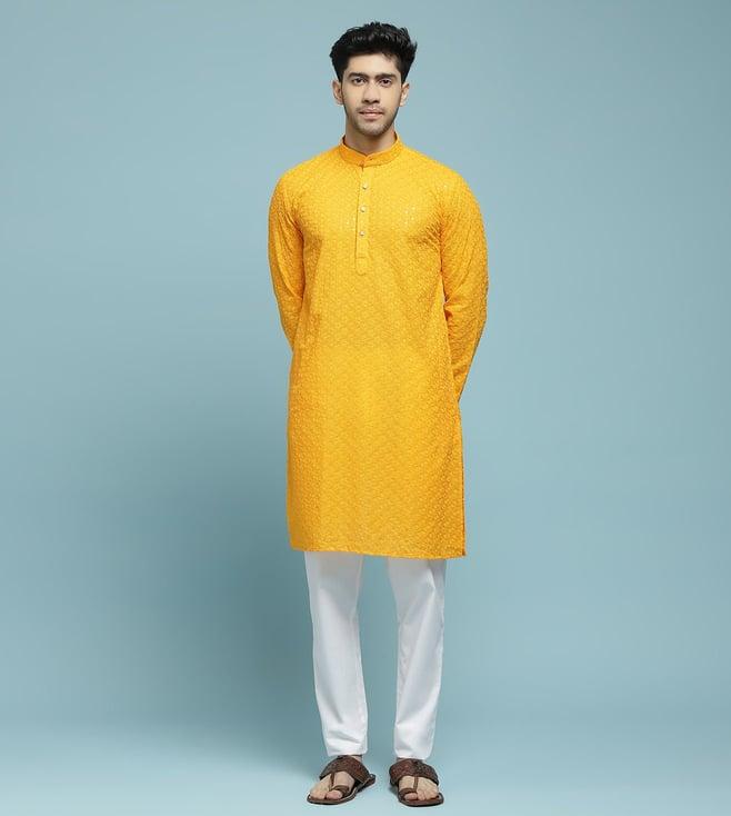 house of chikankari yellow cotton cotton schiffli with sequins solid men's long kurta