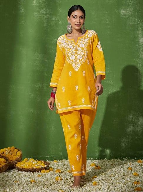 house of chikankari yellow cotton embroidered kurta bottom set