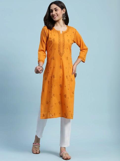 house of chikankari yellow cotton embroidered straight kurta