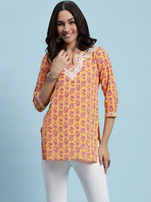 house of chikankari yellow cotton embroidered straight short kurti