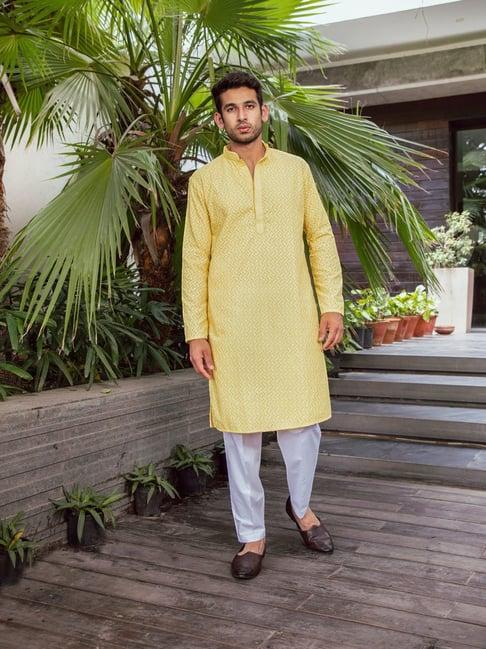 house of chikankari yellow cotton umar chikankari cotton straight men's kurta