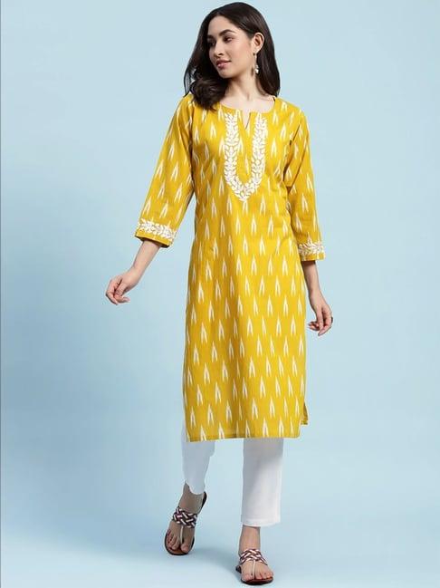 house of chikankari yellow embroidered straight kurta