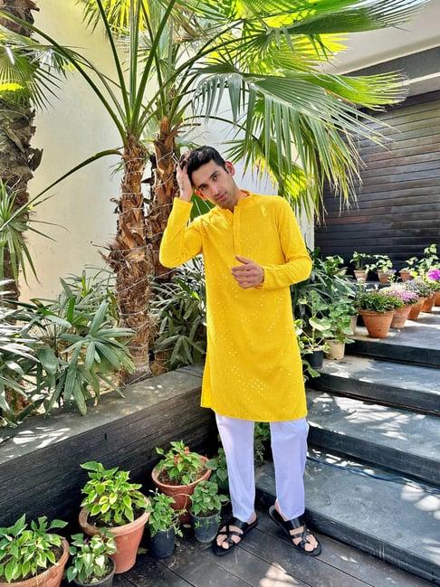 house of chikankari yellow rayon aryan chikankari rayon straight men's kurta with sequin