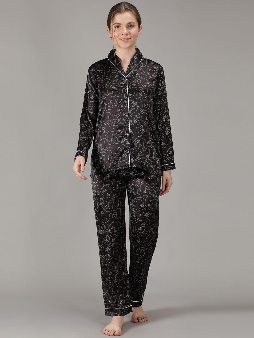 house of comfort conversational printed shawl collar satin night suit