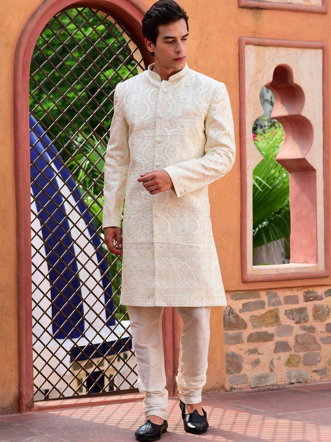 house of deyann embroidered mandarin collar sherwani with churidar set