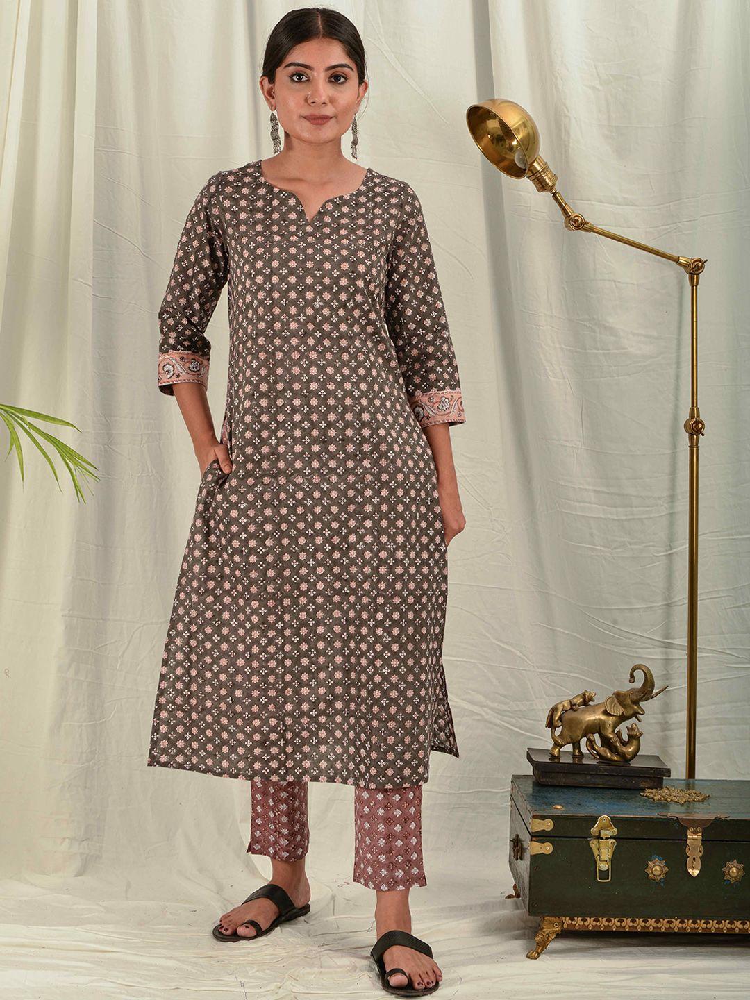 house of dhaaga women black ethnic motifs printed thread work block print kurta