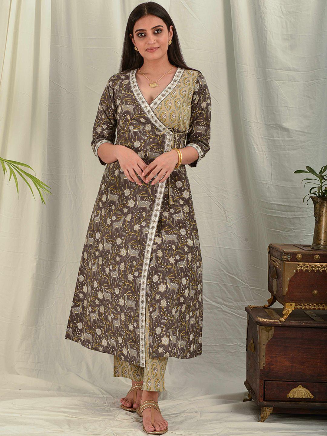 house of dhaaga women brown & beige ethnic motifs block printed cotton angrakha kurta