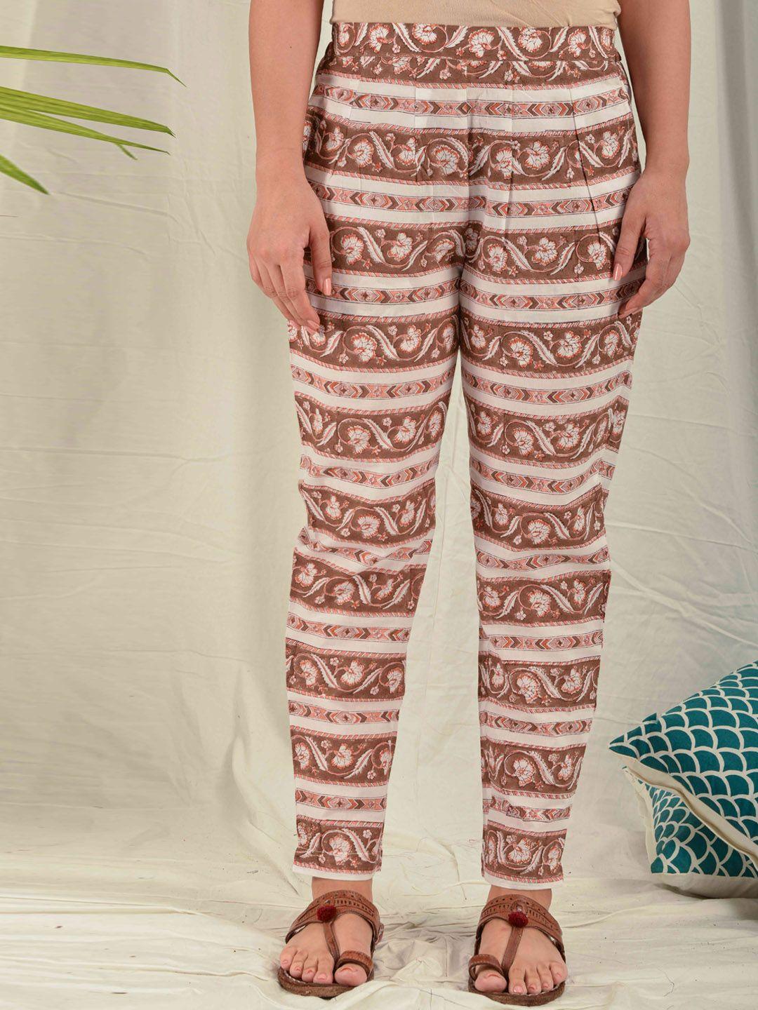 house of dhaaga women brown & beige ethnic motifs printed pure cotton pyjamas