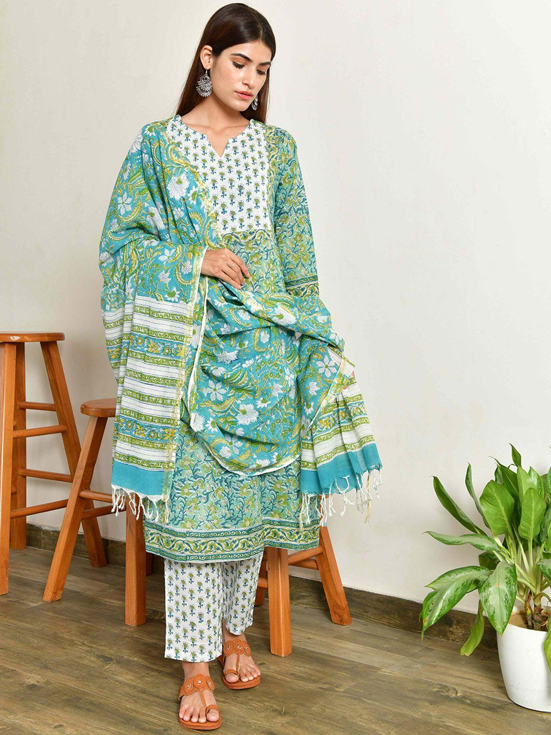 house of dhaaga women green floral block printed kurta set