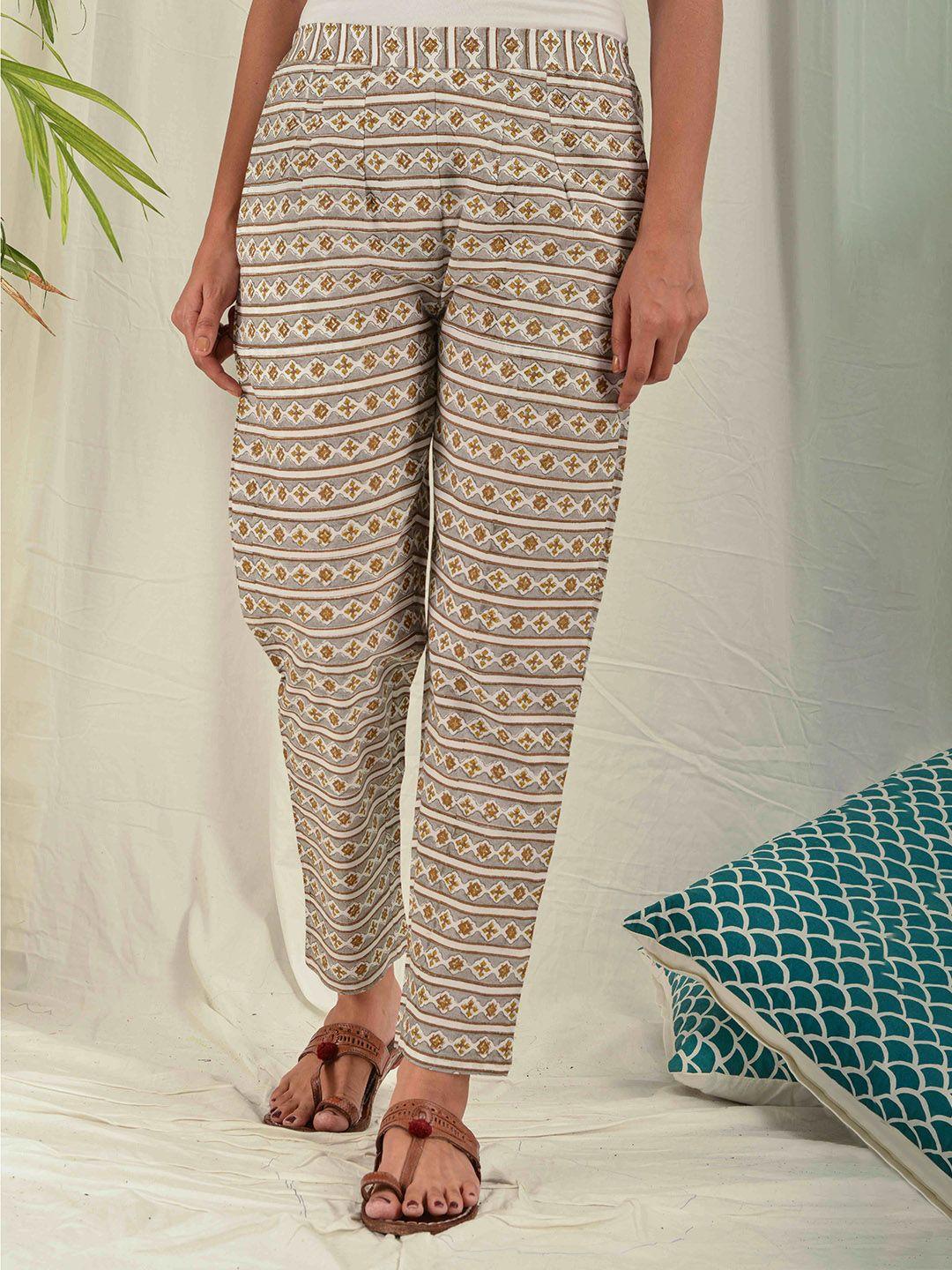 house of dhaaga women grey & beige ethnic motifs printed pure cotton lounge pants