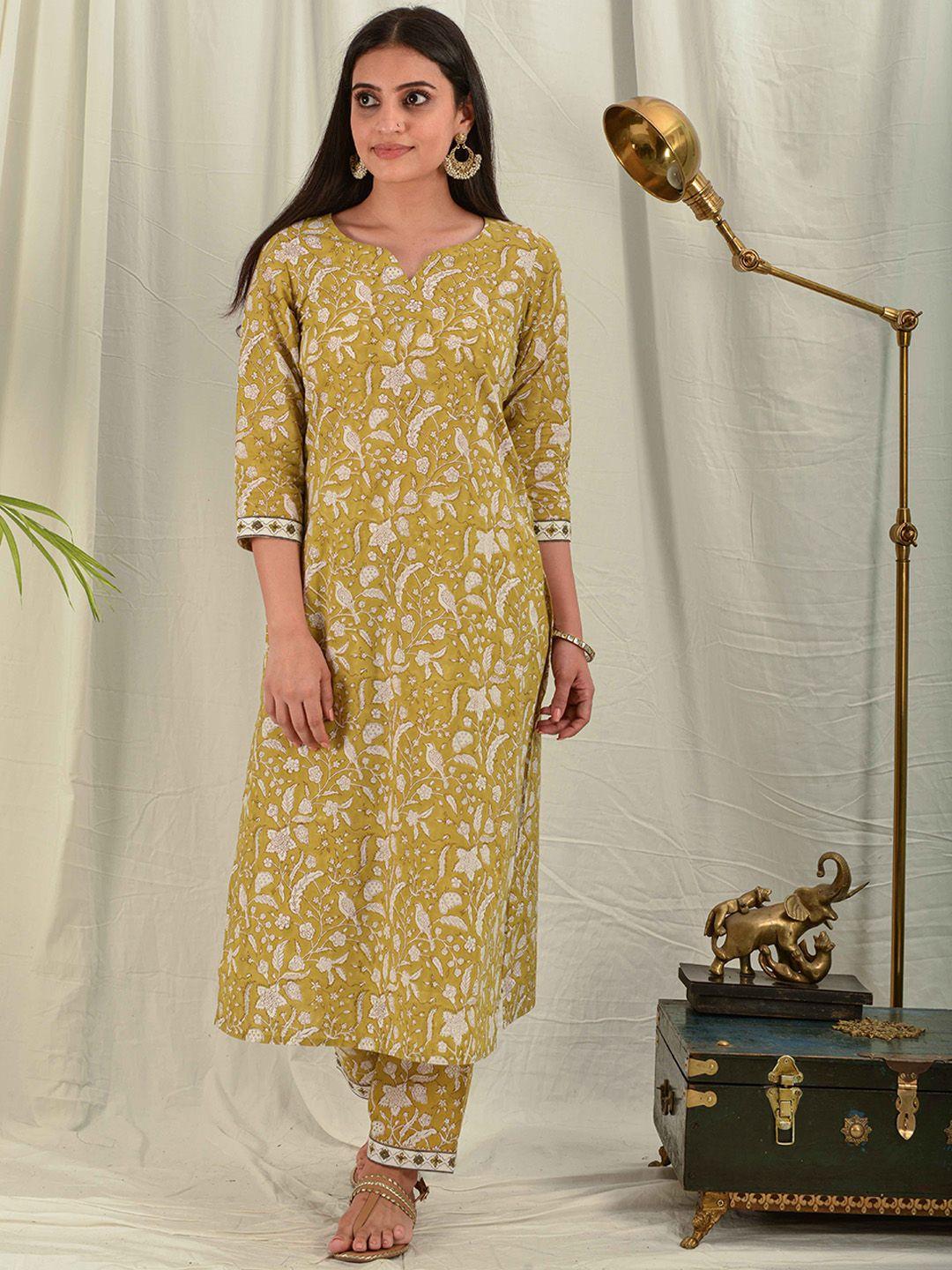 house of dhaaga women mustard yellow floral printed block print cotton kurta