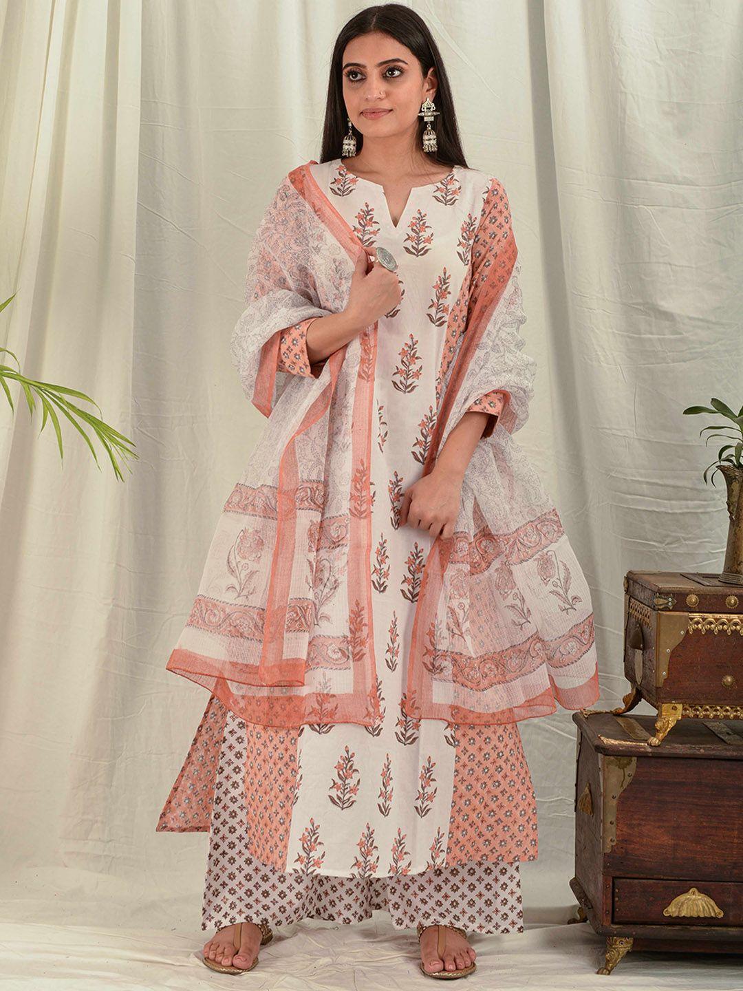 house of dhaaga women orange & white ethnic motifs printed block print cotton a-line kurta