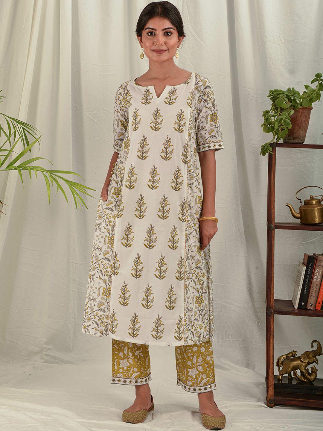 house of dhaaga women white ethnic motifs printed keyhole neck block print kurta