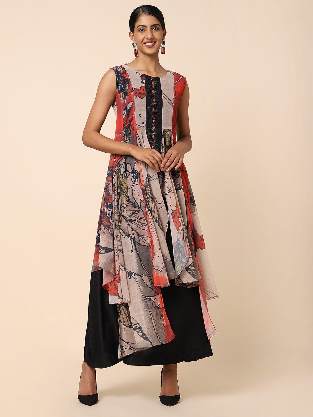 house of dharaa abstract printed round neck fit & flare maxi dress