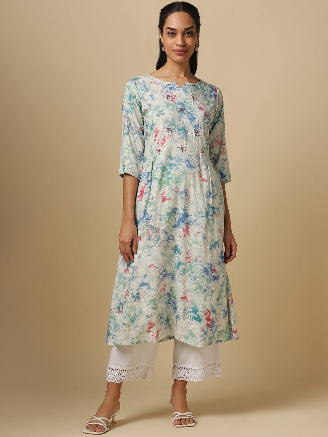 house of dharaa floral printed mirror work a-line cotton kurta