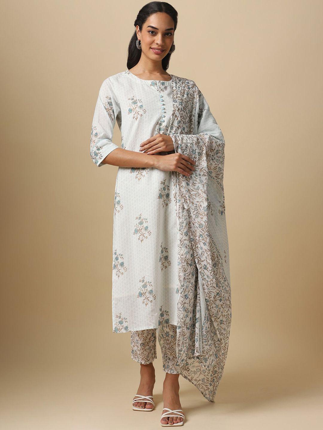 house of dharaa floral printed pure cotton kurta with trousers & dupatta