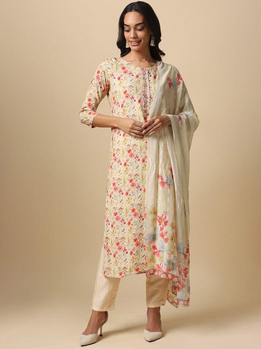 house of dharaa floral printed regular pure cotton kurta with trousers & with dupatta