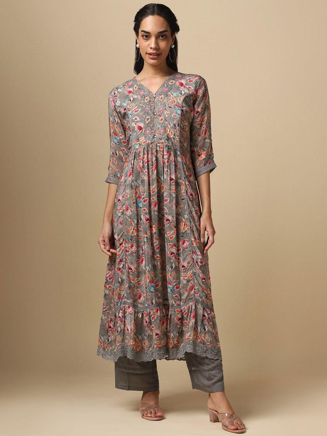 house of dharaa floral printed regular silk crepe a-line kurta with trousers