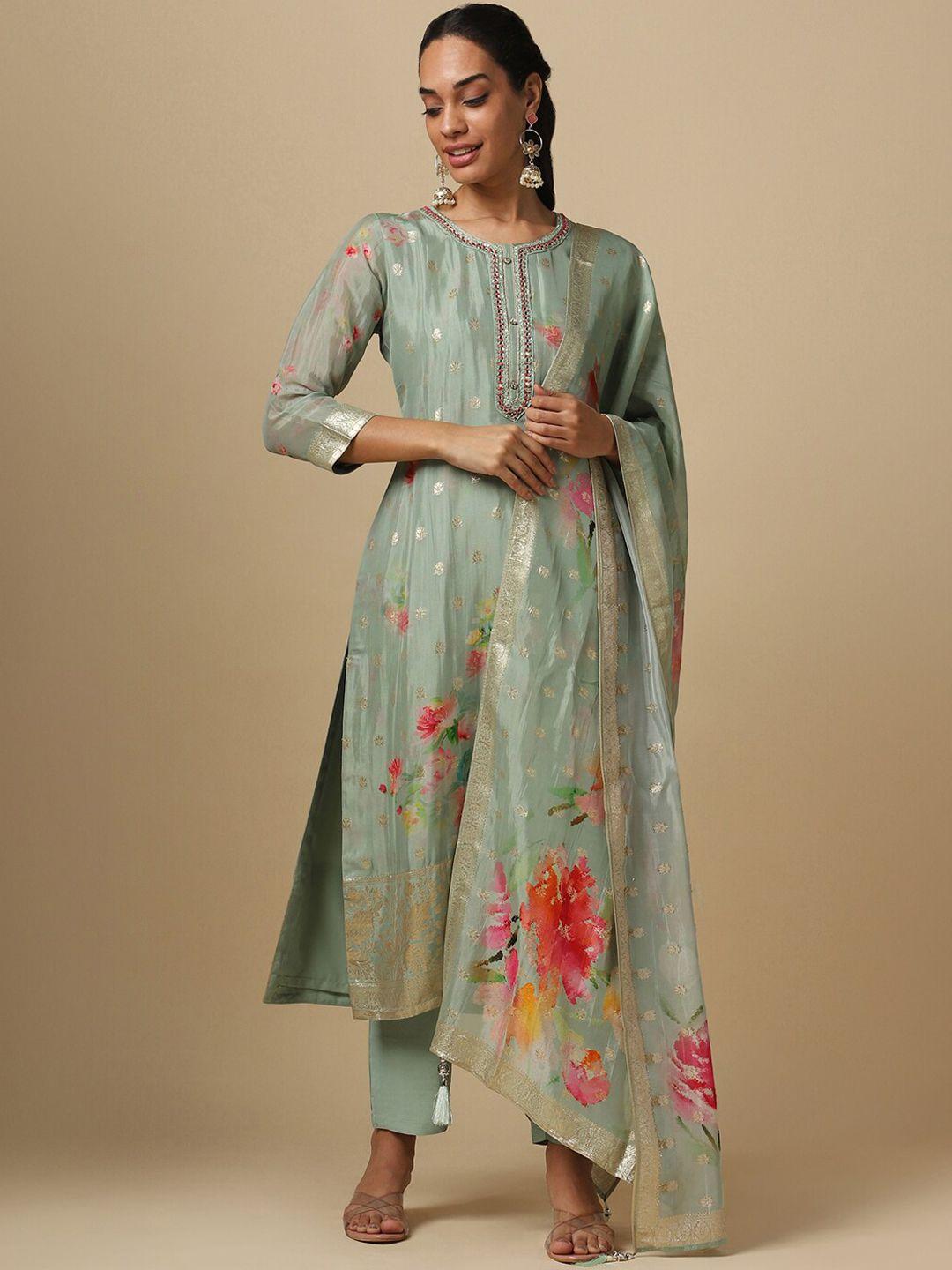 house of dharaa floral woven design organza kurta with trousers & dupatta