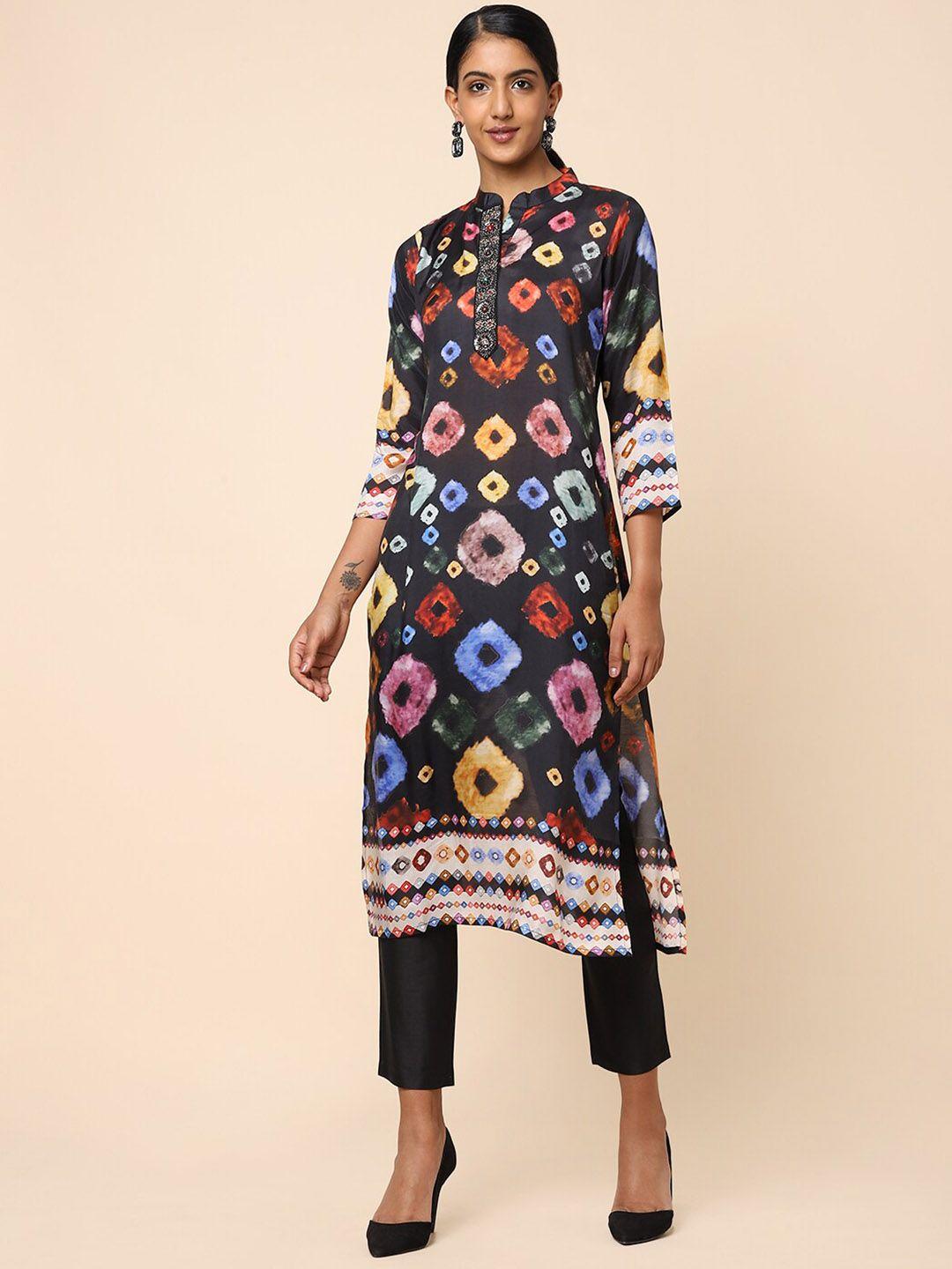 house of dharaa women black printed regular kurta with trousers