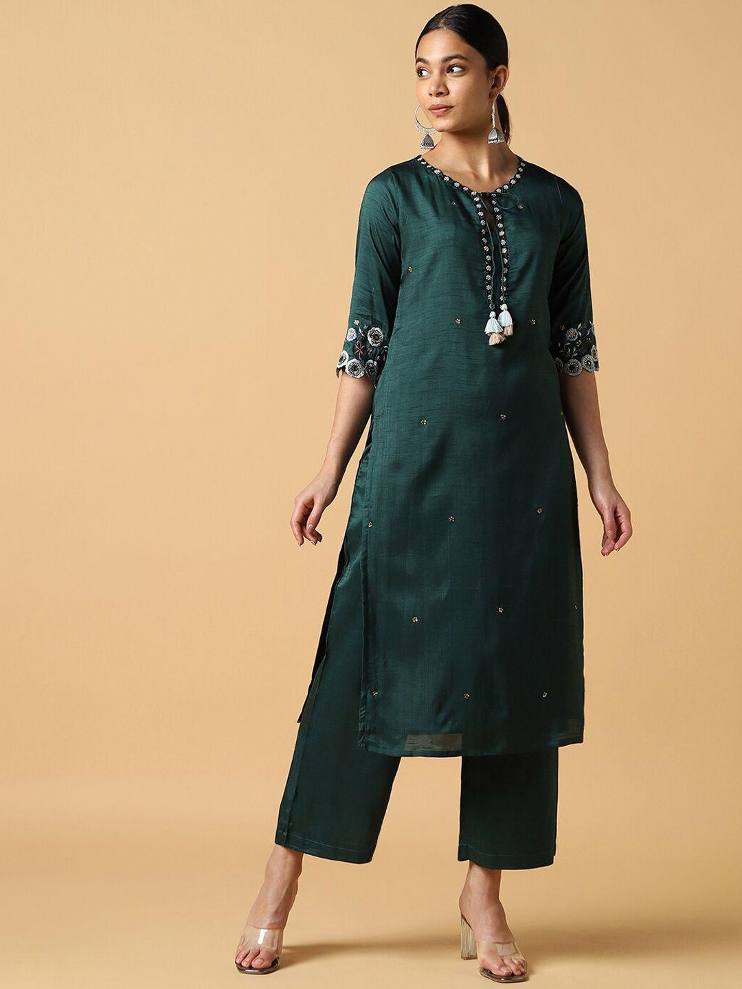 house of dharaa women floral embroidered regular chanderi silk kurta with trousers & with dupatta