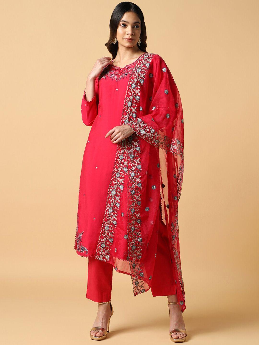 house of dharaa women floral embroidered regular thread work pure cotton kurta with trousers & with dupatta